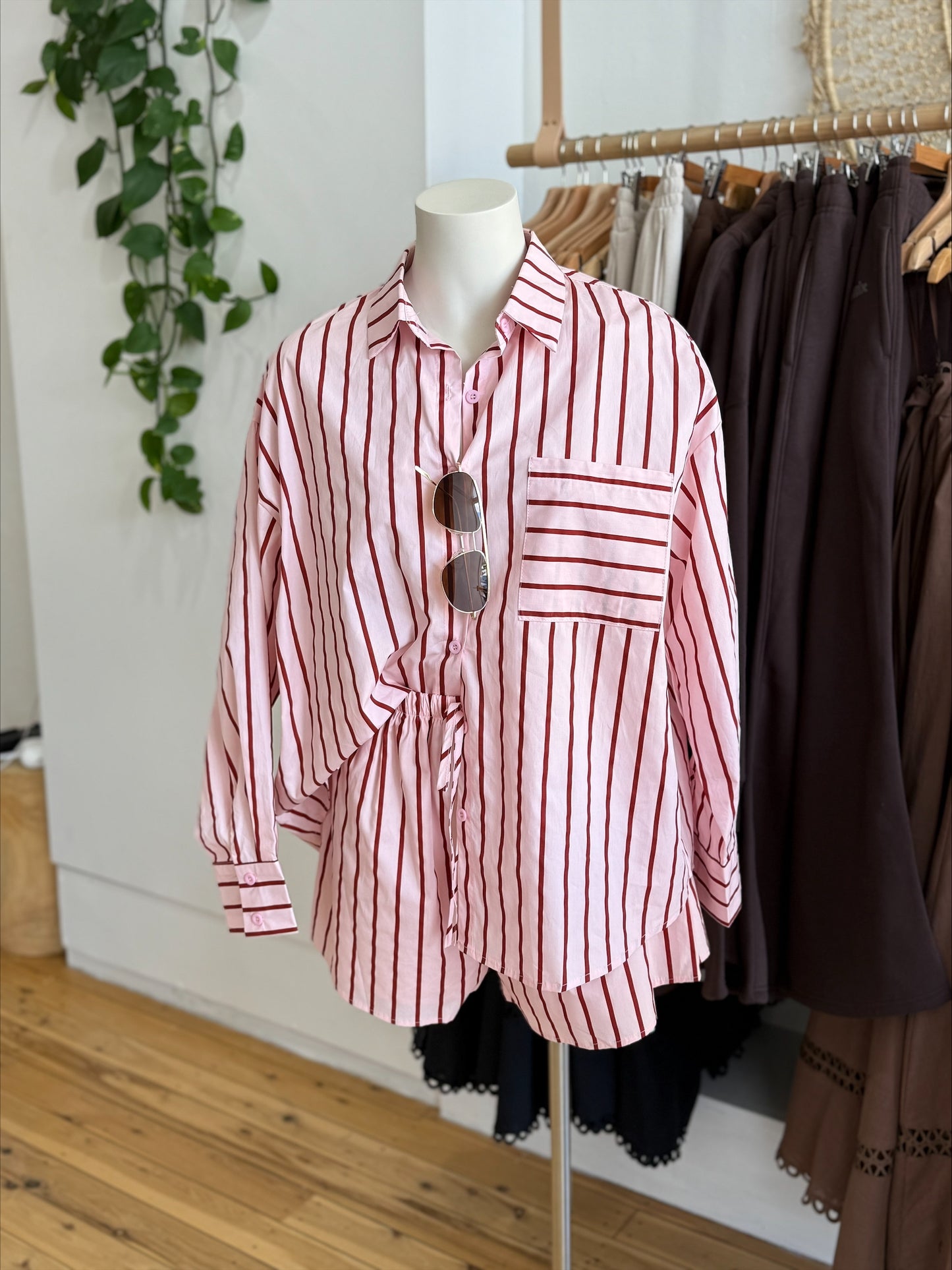 Pink/Burgundy Stripe Short Set_